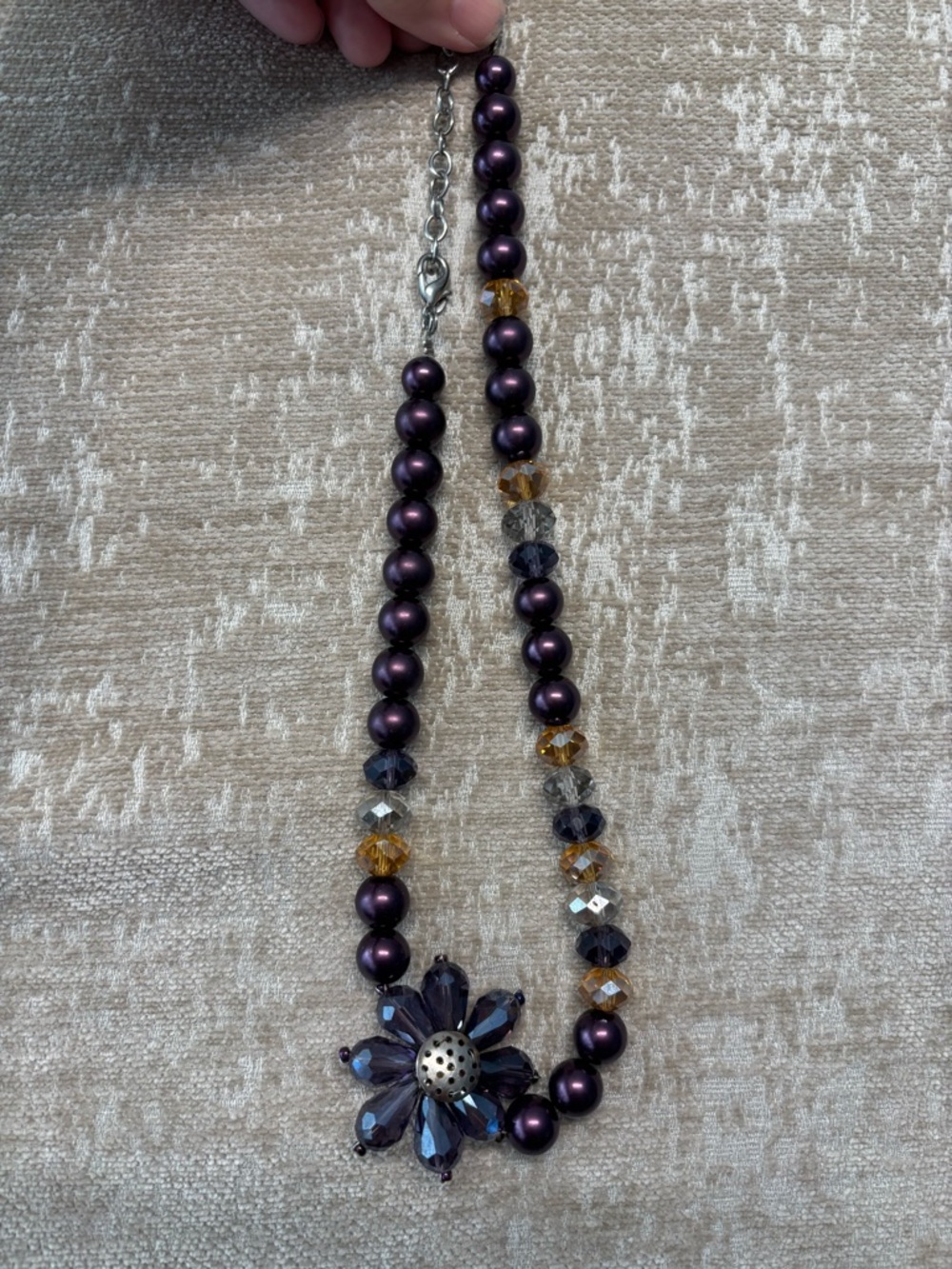 JS Signed Vintage Statement Necklace Purple Pearls Amber Crystal Flower Pendant - Picture 4 of 4